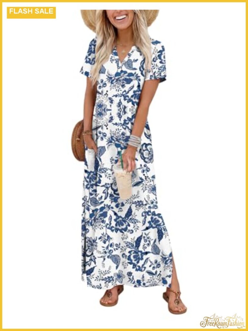 Maxi Dress with Pockets V-Neck Short Sleeve 95% Polyester 5% Spandex